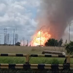 The fire which ignited after an explosion at the PDVSA Muscar Gas Plant on November 11, 2024, in Venezuela. Photo: La Noticia de Hoy.