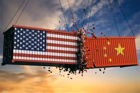 Two containers emblazoned with the Chinese and American flags colliding. Photo: USC Today.