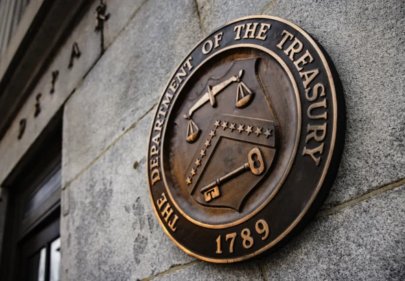 The symbol of the US Department of the Treasury on its headquarters. File photo.