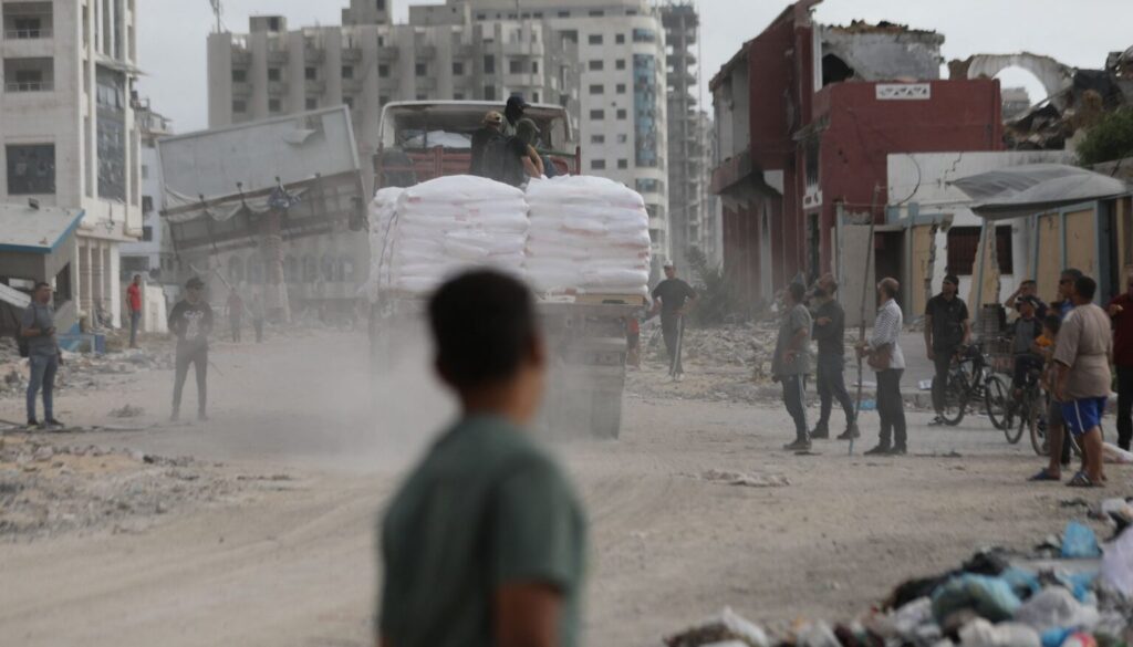 A truck carrying aid enters the Gaza Strip in May. Photo: Daoud Abu Alkass/AFP