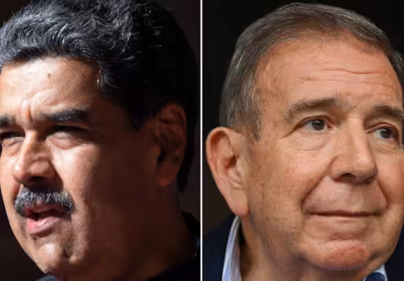 This combination of file pictures created on July 18, 2024, shows Venezuela's President Nicolas Maduro during an event at the Miraflores Presidential Palace in Caracas on February 20, 2024, and Venezuelan far-right opposition former presidential candidate Edmundo Gonzalez Urrutia attending a meeting with health workers in Caracas on June 18, 2024. Photo: Federico Parra/AFP.