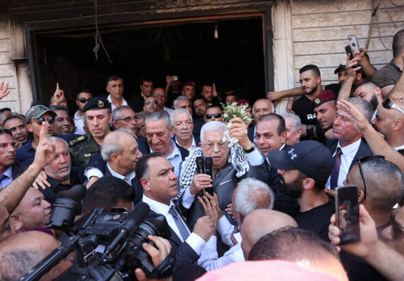 Palestinian Authority president Mahmoud Abbas arrives at Jenin refugee camp on July 12, 2023, in the wake of the most wide-ranging "Israeli" military invasion of the camp since the Second Intifada. Photo: Thaer Ganaim/APA Images