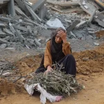 A Palestinian woman sits amid rubble, holding olive branches, reflecting the wider loss and devastation in Gaza. Photo: AFP.