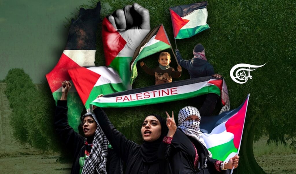 Photo composition showing women and a kid waving Palestinian flags, with an olive field in the background. Photo: Al Mayadeen.