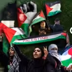 Photo composition showing women and a kid waving Palestinian flags, with an olive field in the background. Photo: Al Mayadeen.
