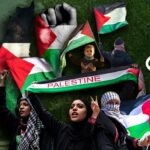 Photo composition showing women and a kid waving Palestinian flags, with an olive field in the background. Photo: Al Mayadeen.