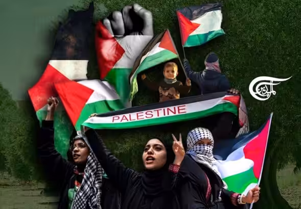 Photo composition showing women and a kid waving Palestinian flags, with an olive field in the background. Photo: Al Mayadeen.
