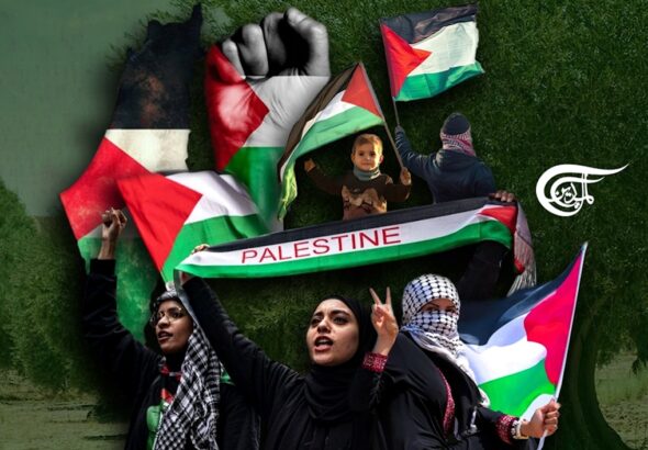 Photo composition showing women and a kid waving Palestinian flags, with an olive field in the background. Photo: Al Mayadeen.
