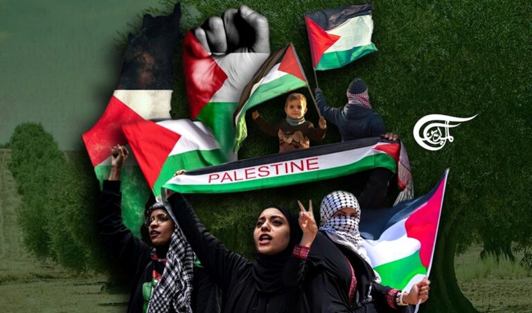 Photo composition showing women and a kid waving Palestinian flags, with an olive field in the background. Photo: Al Mayadeen.