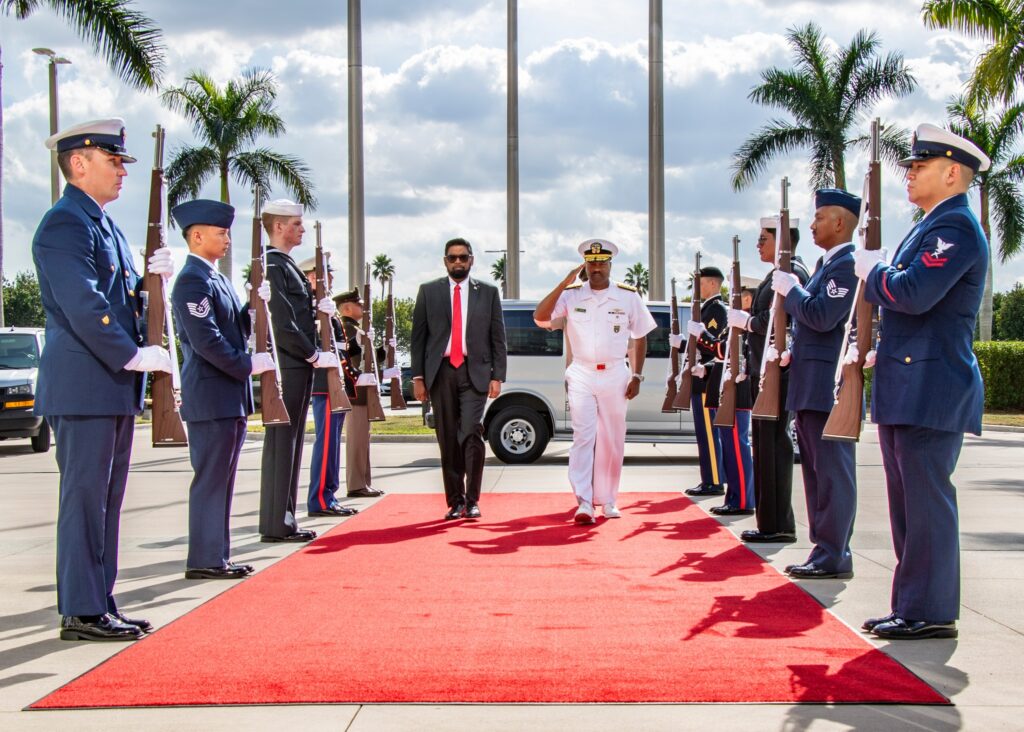 Guyanese President Irfaan Ali is received with a guard of honor by the US Southern Command as he meets the new chief, Navy Admiral Alvin Holsey, in Guyana. Photo: Facebook/US Southern Command.