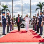 Guyanese President Irfaan Ali is received with a guard of honor by the US Southern Command as he meets the new chief, Navy Admiral Alvin Holsey, in Guyana. Photo: Facebook/US Southern Command.