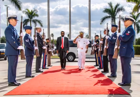 Guyanese President Irfaan Ali is received with a guard of honor by the US Southern Command as he meets the new chief, Navy Admiral Alvin Holsey, in Guyana. Photo: Facebook/US Southern Command.