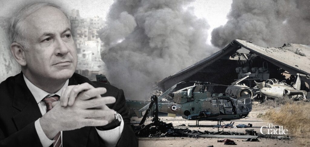 Israeli Prime Minister Benjamin Netanyahu against a backdrop of an airstrike scene. Illustration: The Cradle.