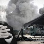 Israeli Prime Minister Benjamin Netanyahu against a backdrop of an airstrike scene. Illustration: The Cradle.