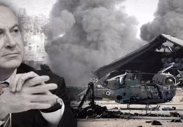Israeli Prime Minister Benjamin Netanyahu against a backdrop of an airstrike scene. Illustration: The Cradle.