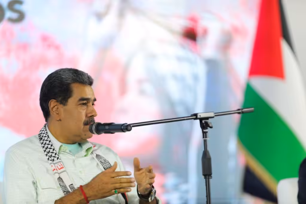 The president of Venezuela, Nicolás Maduro, speaks at the International Conference in Solidarity with Palestine, held in Caracas, Venezuela, on November 29, 2024.