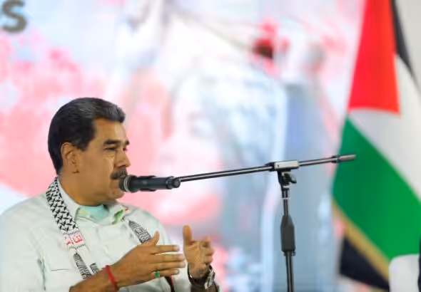 The president of Venezuela, Nicolás Maduro, speaks at the International Conference in Solidarity with Palestine, held in Caracas, Venezuela, on November 29, 2024.