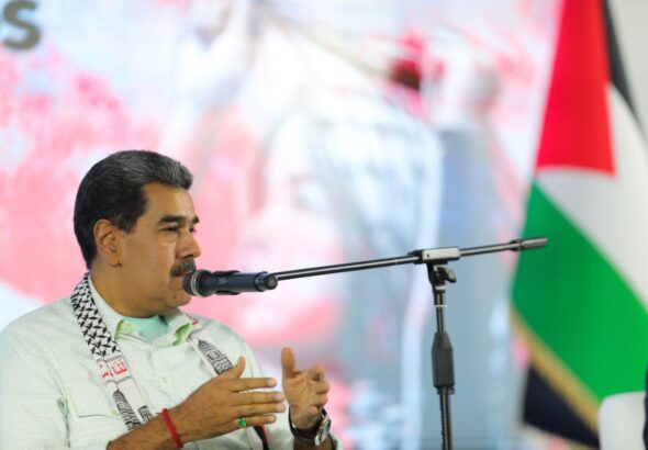 The president of Venezuela, Nicolás Maduro, speaks at the International Conference in Solidarity with Palestine, held in Caracas, Venezuela, on November 29, 2024.