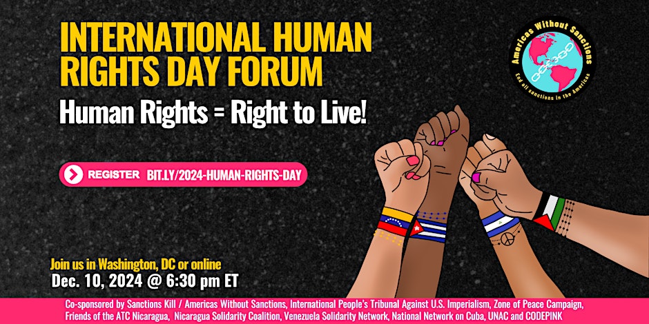 Poster for anti-sanctions event organized by Sanctions Kill, to be held on December 10, 2024. Photo: Sanctions Kill.