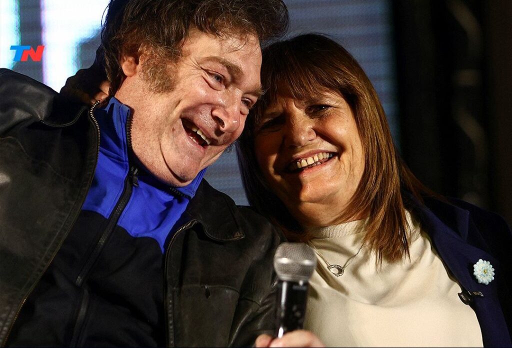 Far-right Argentinian President Javier Milei and his Security Minister Patricia Bullrich, during a presidential campaign rally in 2023. Photo: Matias Baglietto/Reuters/File photo.