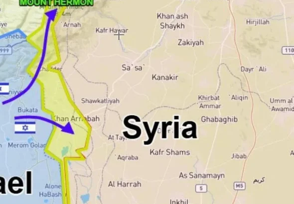 This image is a map showing the geographic boundaries of Lebanon, Syria, and "Israel," with Mount Hermon marked prominently. The map highlights borders and key locations like Damascus, as well as regions under occupation control in the Golan Heights. Photo: Social Media