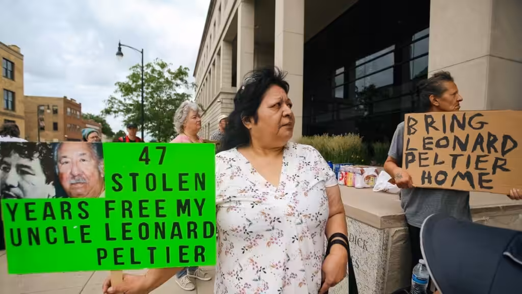 A rally in front of the Federal Courthouse in downtown Fargo on June 20, 2024. Leonard Peltier’s niece, Brenda Martinez, is pictured above. Photo: Social Media