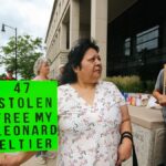 A rally in front of the Federal Courthouse in downtown Fargo on June 20, 2024. Leonard Peltier’s niece, Brenda Martinez, is pictured above. Photo: Social Media