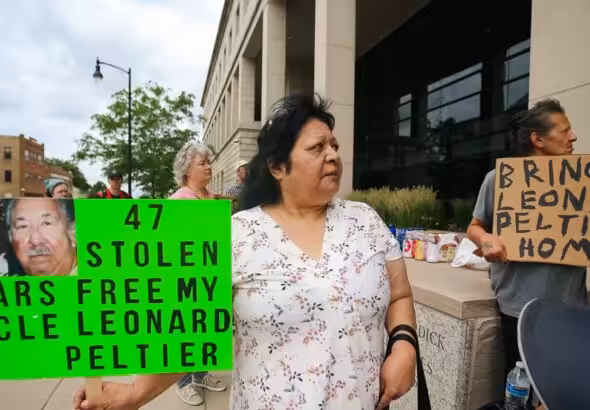 A rally in front of the Federal Courthouse in downtown Fargo on June 20, 2024. Leonard Peltier’s niece, Brenda Martinez, is pictured above. Photo: Social Media
