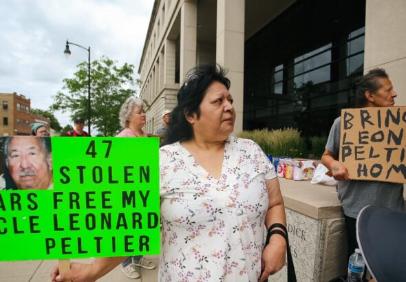 A rally in front of the Federal Courthouse in downtown Fargo on June 20, 2024. Leonard Peltier’s niece, Brenda Martinez, is pictured above. Photo: Social Media