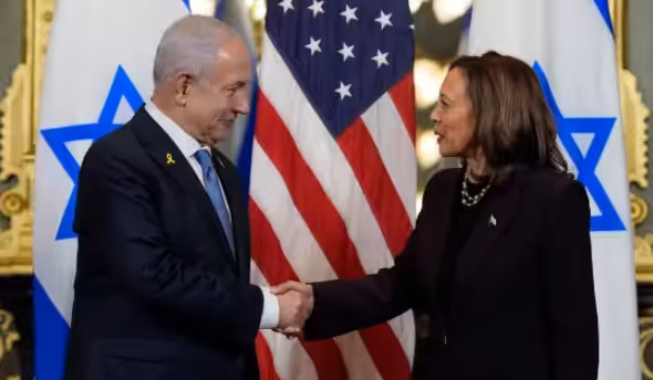 Kamala Harris, Vice President of the United States (right) and Benjamin Netanyahu, Prime Minister of Israel (left). Photo: Black Agenda Report/File photo.