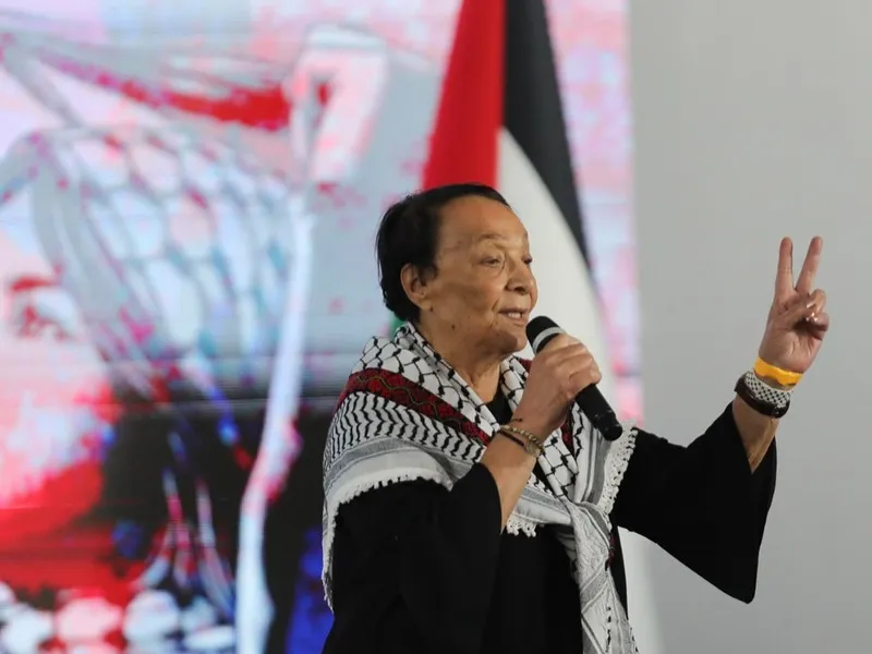 Leila Kahlid speaking at a recent international solidarity conference with Palestine in Venezuela. Photo: Resumen Latinoamericano.
