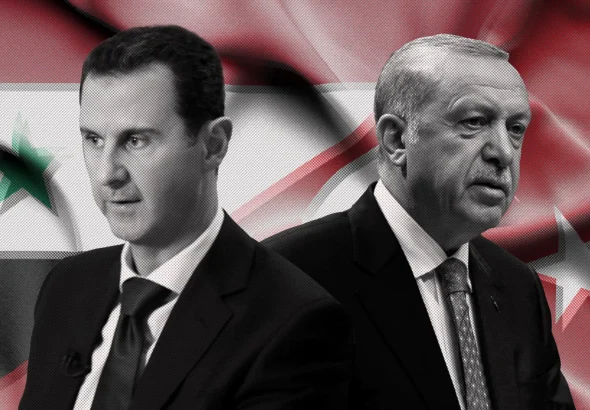 Syrian President Bashar Al-Assad (left) and Turkish President Recep Tayyip Erdogan (right) with their country flags in the background. Photo: The Independent/file photo.