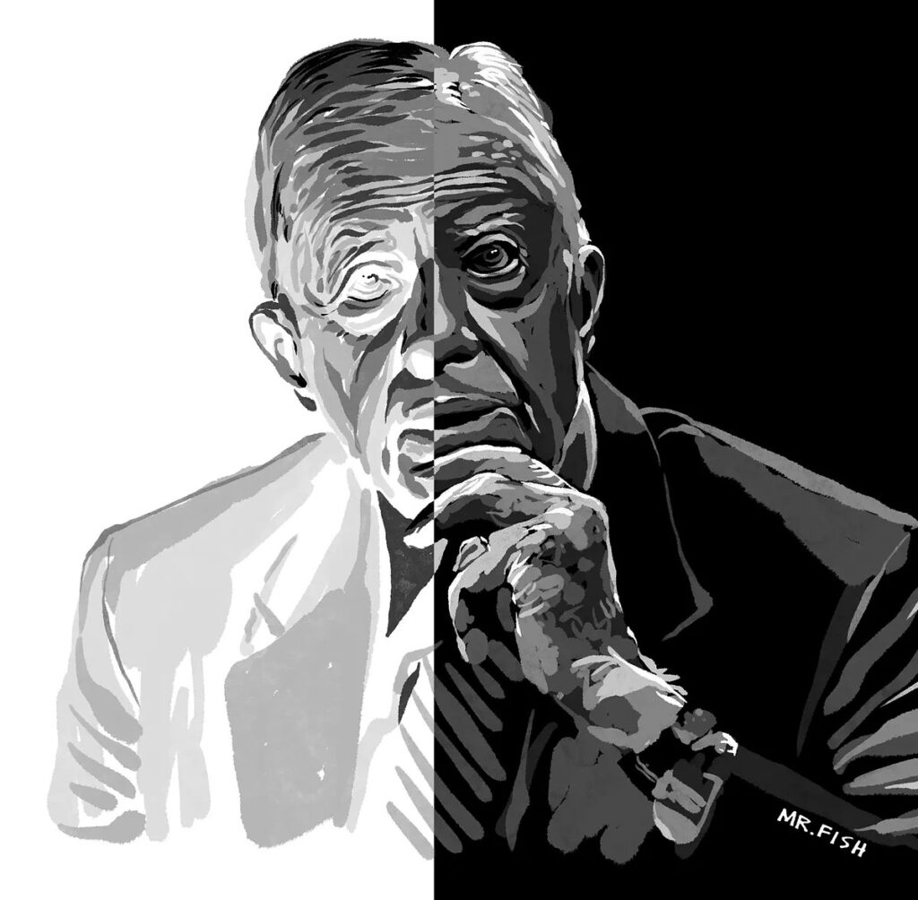 A black-and-white illustration of Jimmy Carter, split into light and dark halves, titled “This, That or the Other Carter” by Mr. Fish. Photo: PopularResistance.org