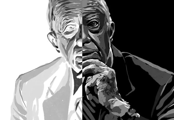A black-and-white illustration of Jimmy Carter, split into light and dark halves, titled “This, That or the Other Carter” by Mr. Fish. Photo: PopularResistance.org