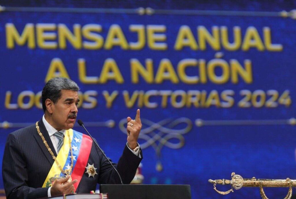 Venezuelan President NicolĂĄs Maduro during his annual message to the nation on Wednesday, January 15, 2025. Photo: Presidential Press.