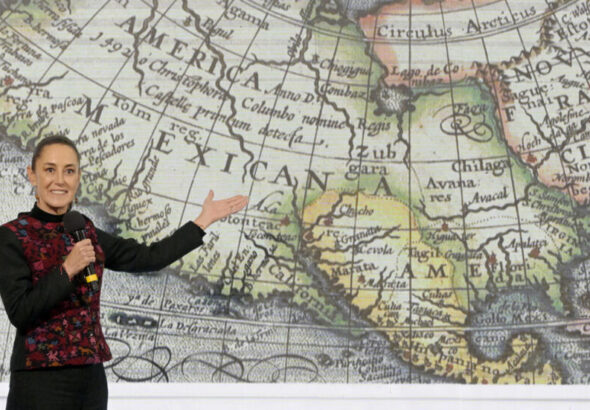 Mexico's President Claudia Sheinbaum displays a 17th-century world map showing "America Mexicana" -- pushing back at Donald Trump. Photo: Claudia Sheinbaum Pardo/X