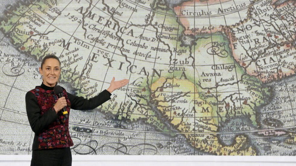 Mexico's President Claudia Sheinbaum displays a 17th-century world map showing "America Mexicana" -- pushing back at Donald Trump. Photo: Claudia Sheinbaum Pardo/X