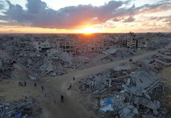 An aerial view of the destruction caused by the Israeli military in Rafah, Gaza Strip. January 24, 2025. Photo: Hasan Eslayeh/Anadolu via Getty Images.