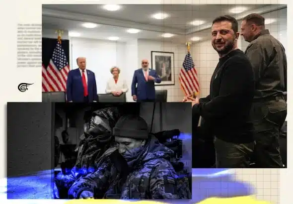 Zelensky is now imitating Trump's foul language and mannerisms when speaking in English. Photo: Batoul Chamas/Al Mayadeen.