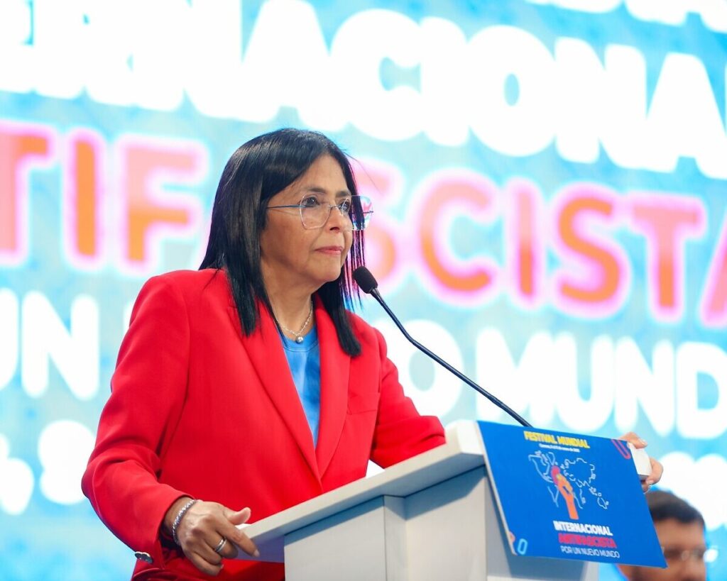 Venezuelan Vice President Delcy Rodríguez speaks at the opening ceremony of the International Anti-Facsist World Festival for a New World, Miranda state, Venezuela, January 9, 2025. Photo: VTV.