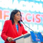 Venezuelan Vice President Delcy Rodríguez speaks at the opening ceremony of the International Anti-Facsist World Festival for a New World, Miranda state, Venezuela, January 9, 2025. Photo: VTV.