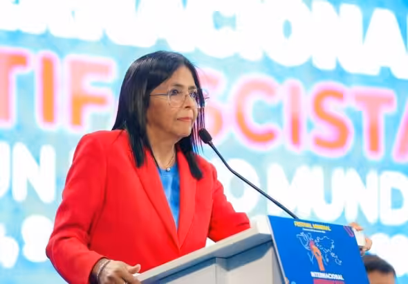 Venezuelan Vice President Delcy Rodríguez speaks at the opening ceremony of the International Anti-Facsist World Festival for a New World, Miranda state, Venezuela, January 9, 2025. Photo: VTV.