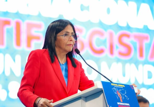 Venezuelan Vice President Delcy Rodríguez speaks at the opening ceremony of the International Anti-Facsist World Festival for a New World, Miranda state, Venezuela, January 9, 2025. Photo: VTV.