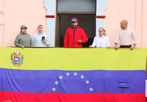 Venezuelan President Nicolás Maduro from the "balcon del pueblo" at Miraflores Palace, addressing those marching to commemorate the 67th anniversary of the ousting of former dictator Marcos Pérez Jiménez, in Caracas, January 23, 2025. Photo: Presidential Press.