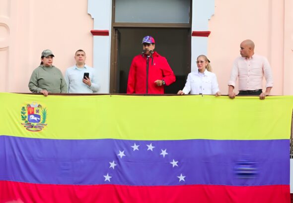 Venezuelan President Nicolás Maduro from the "balcon del pueblo" at Miraflores Palace, addressing those marching to commemorate the 67th anniversary of the ousting of former dictator Marcos Pérez Jiménez, in Caracas, January 23, 2025. Photo: Presidential Press.