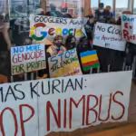 Google workers protest calling on Google to stop powering the genocide in Gaza. Photo: X/@NoTechApartheid.