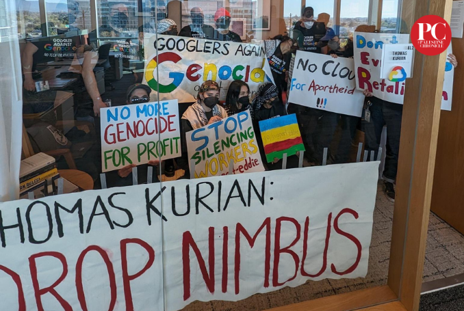Google workers protest calling on Google to stop powering the genocide in Gaza. Photo: X/@NoTechApartheid.