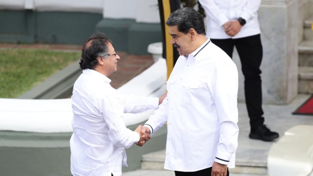 Colombian President Gustavo Petro (left) being welcomed by Venezuelan President Nicolás Maduro during the former's official visit to Venezuela in April 2024. File photo.