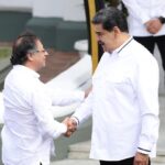 Colombian President Gustavo Petro (left) being welcomed by Venezuelan President Nicolás Maduro during the former's official visit to Venezuela in April 2024. File photo.