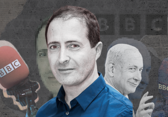 Compilation image showing Raffi Berg with Benjamin Netanyahu behind him. Photo: MintPress News.